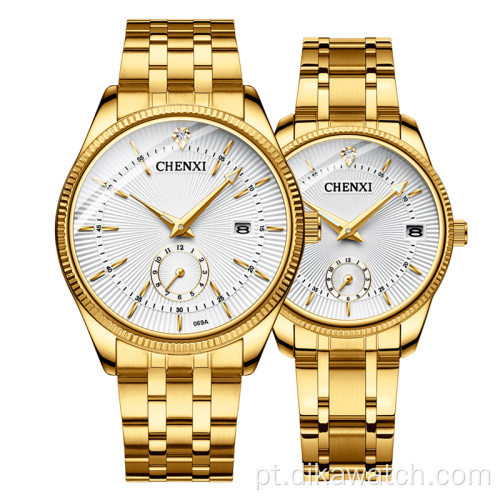 Hot 069 CHENXI All Gold Couple Relógio Moda Simples e Bonito Relógio Calendário de Quartzo